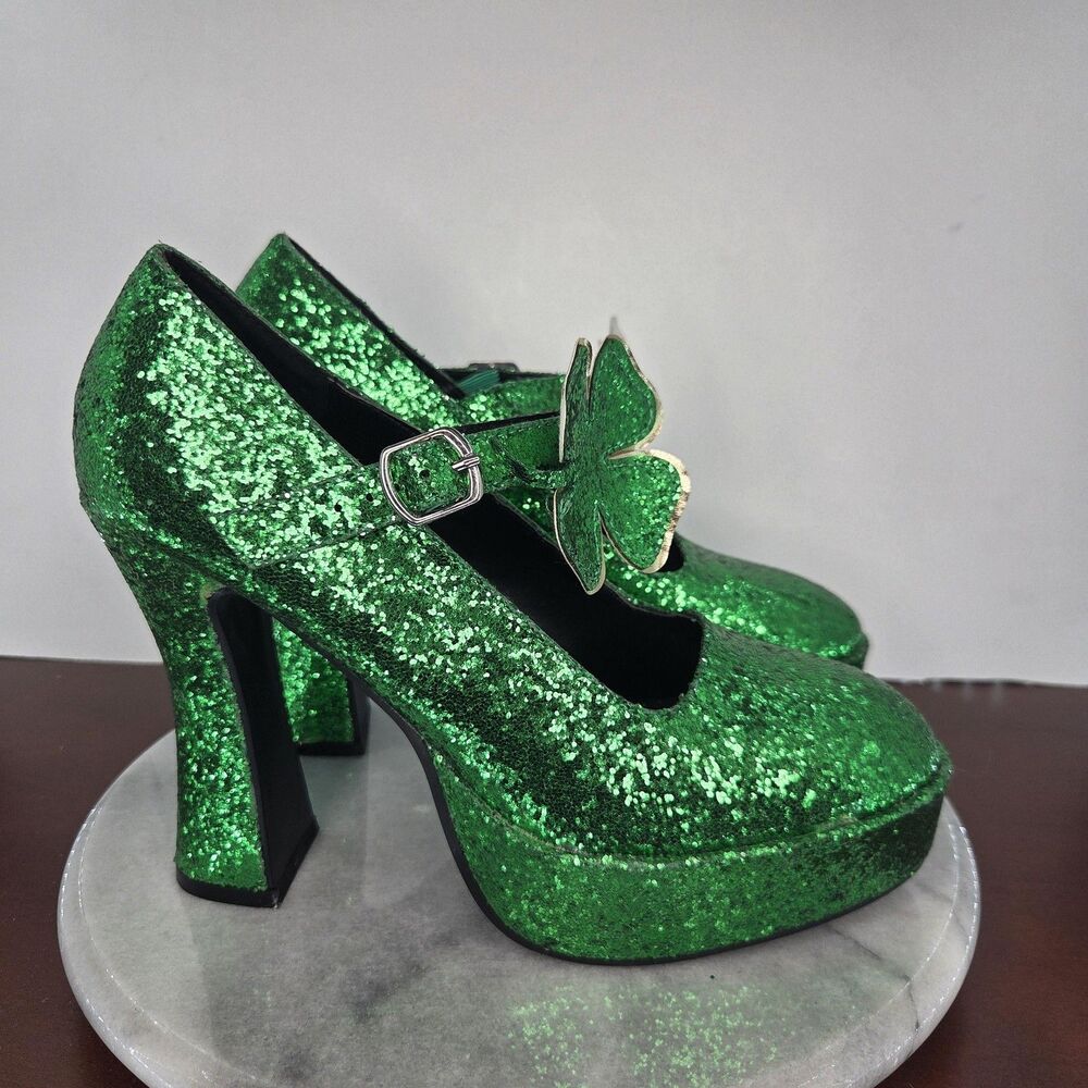 Shoes Womens Size 10 Green Glitter Platform Shamrock St Patricks Day Leprechaun - Picture 4 of 16